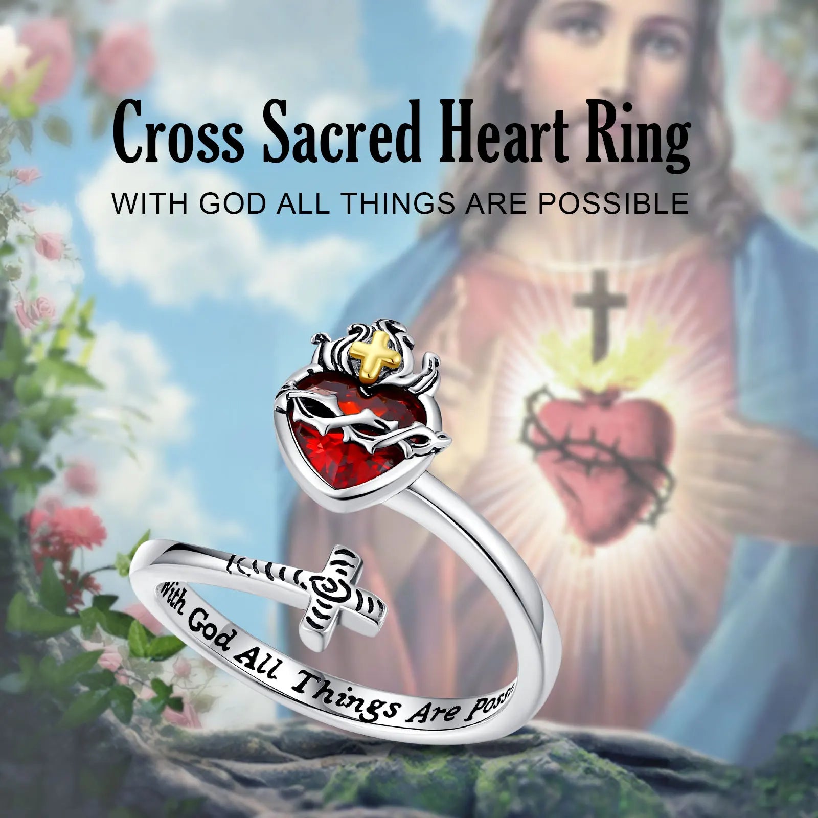 Anillo de plata de ley del Sagrado Corazón