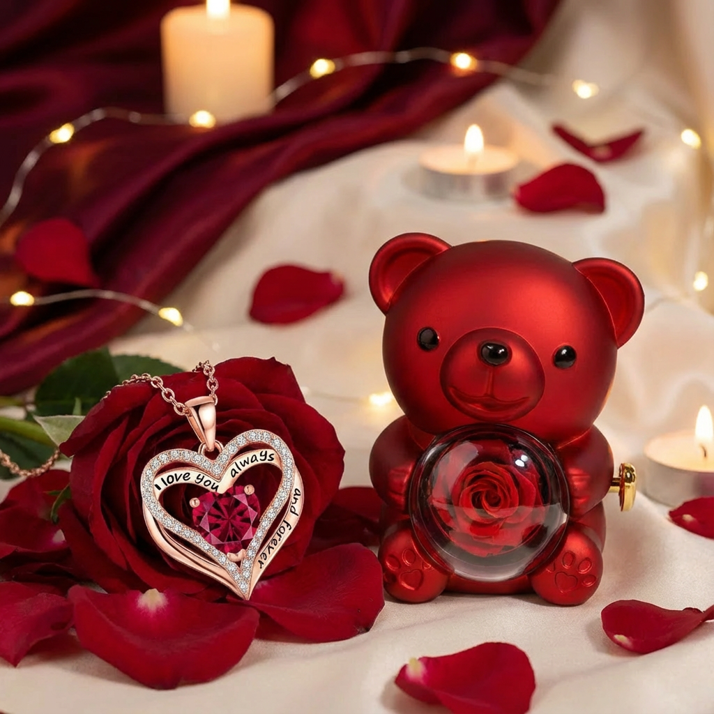 Sweet Embrace™ - Heart Pendant Necklace with Bear Rose Box