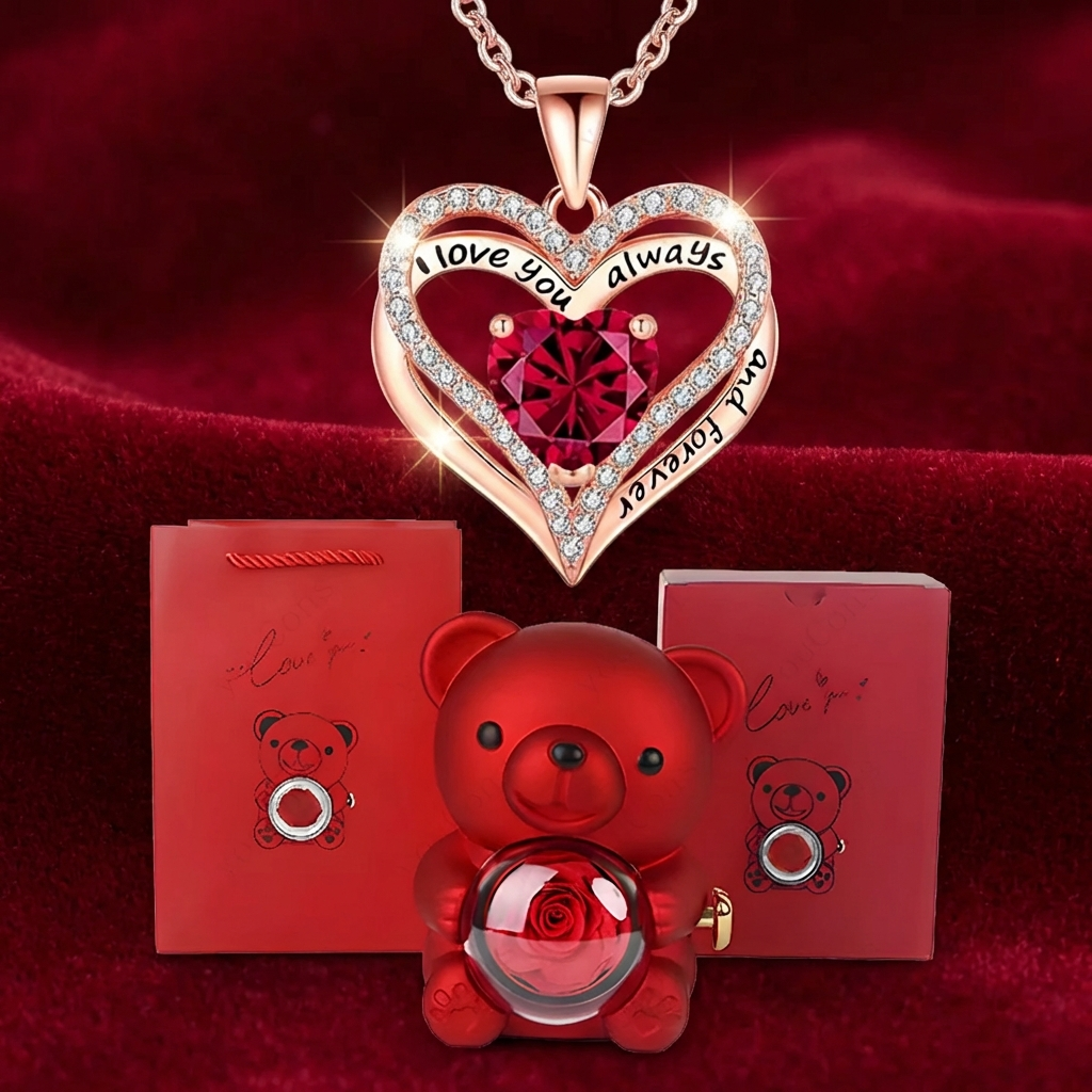 Collar con colgante Sweet Sweet Embrace™ Corazón con caja de rosas de oso