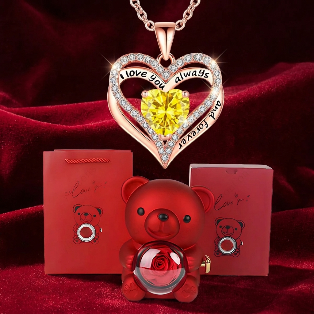 Sweet Embrace™ - Heart Pendant Necklace with Bear Rose Box