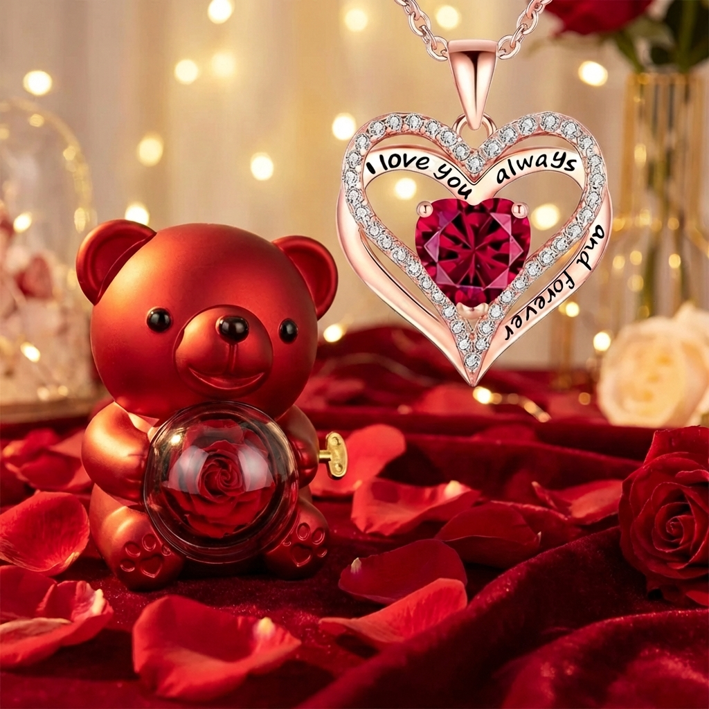 Sweet Embrace™ - Heart Pendant Necklace with Bear Rose Box