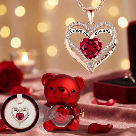 Sweet Sweet Embrace™ Heart Pendant Necklace with Bear Rose Box