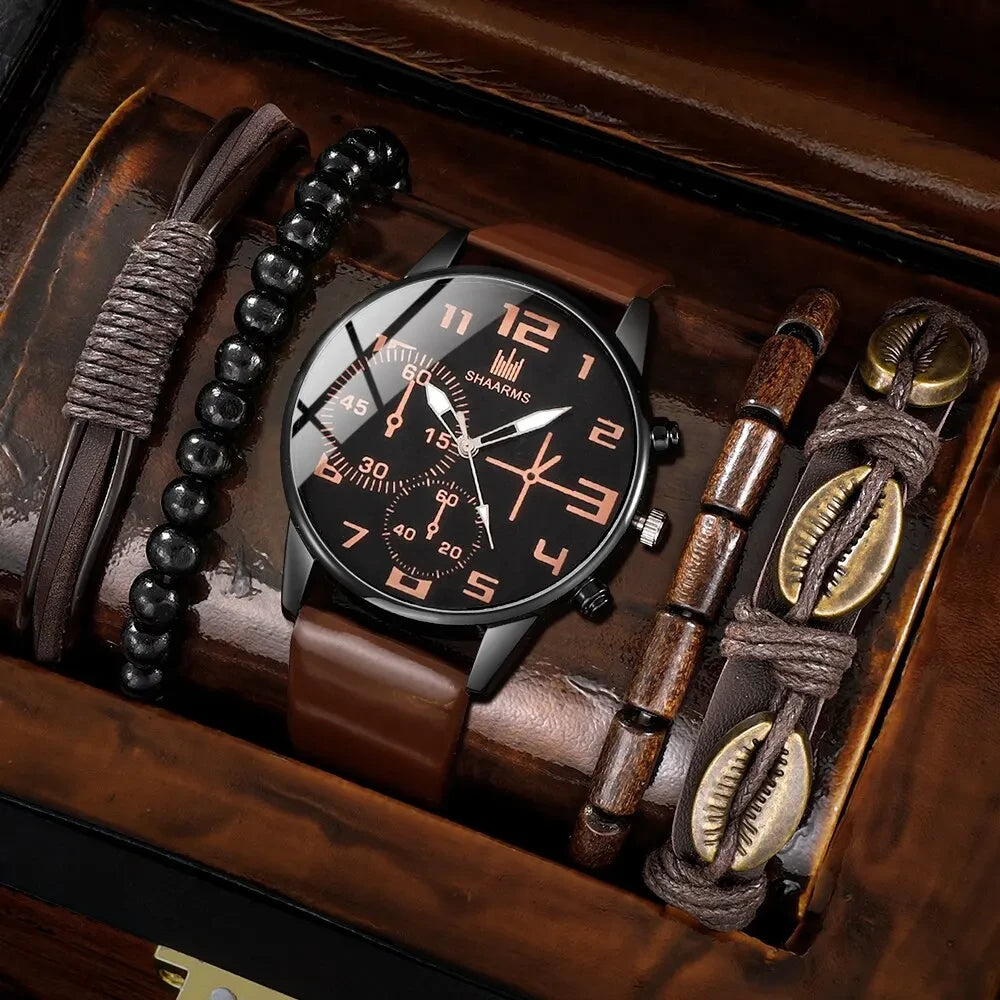 Retro Leather Quartz Watch Set