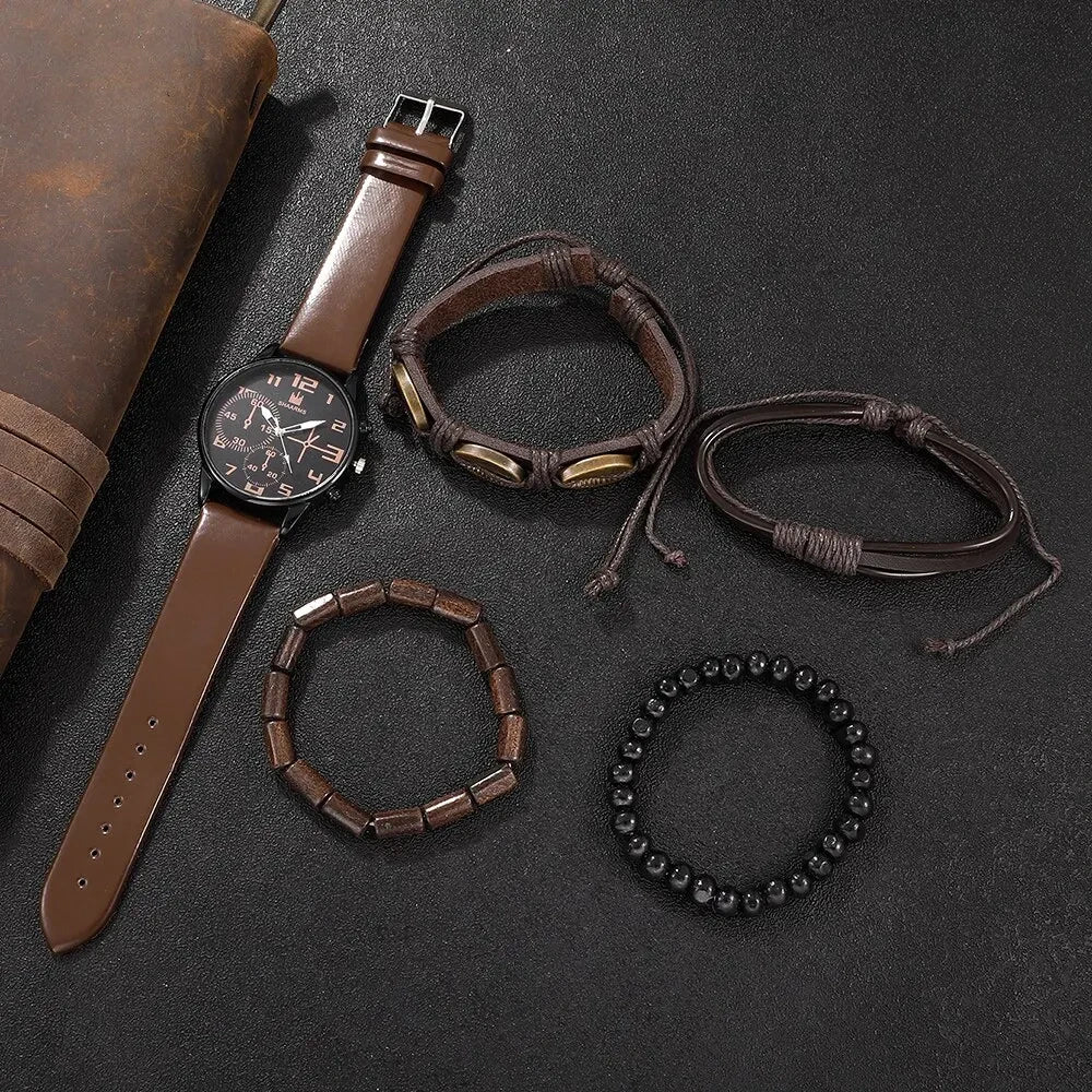 Retro Leather Quartz Watch Set