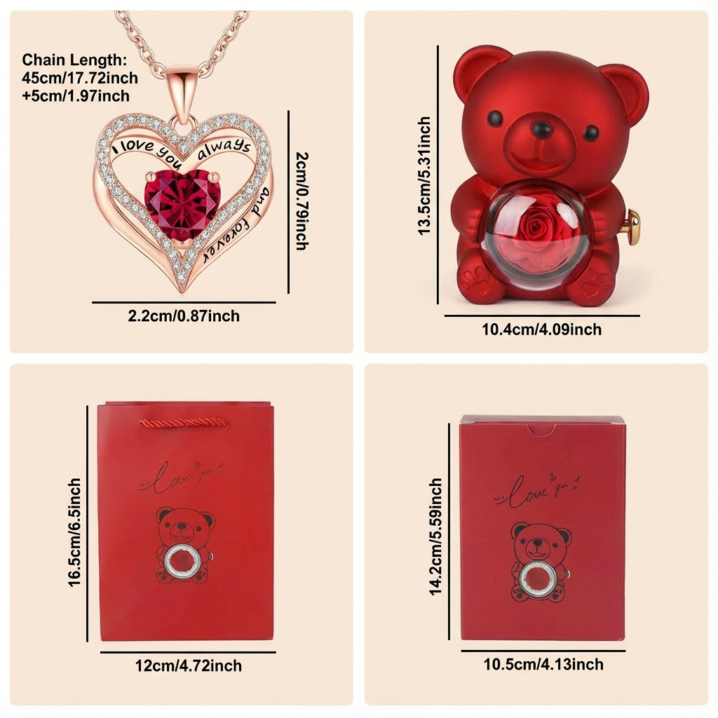 Collar con colgante Sweet Sweet Embrace™ Corazón con caja de rosas de oso