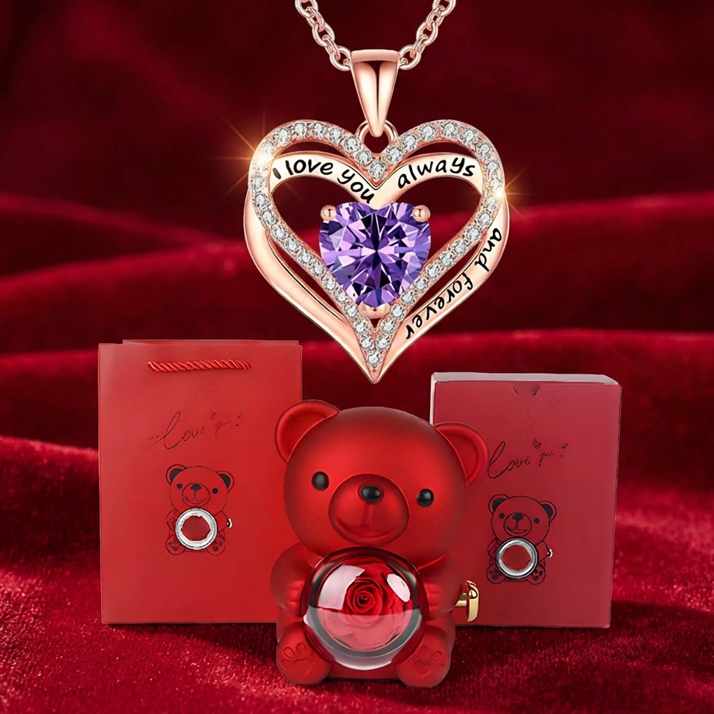 Sweet Sweet Embrace™ Heart Pendant Necklace with Bear Rose Box