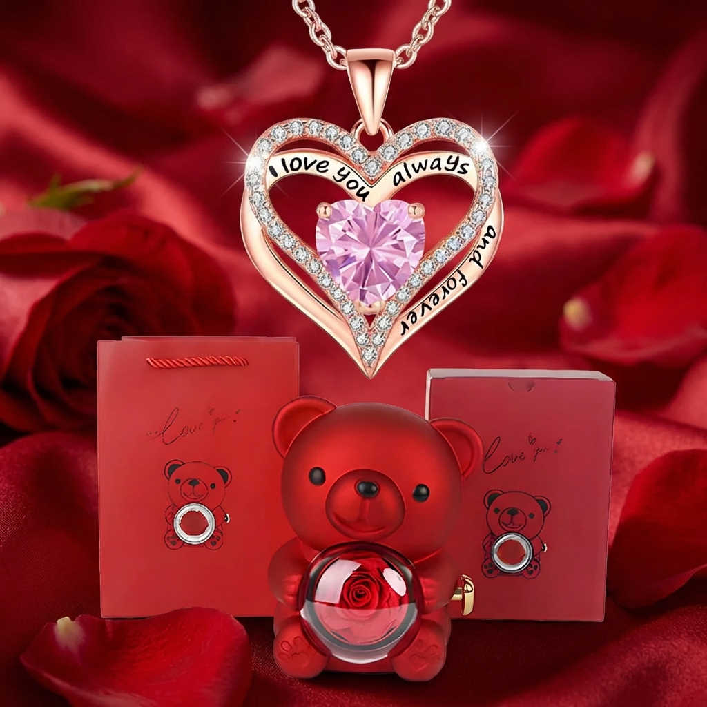 Collar con colgante Sweet Sweet Embrace™ Corazón con caja de rosas de oso