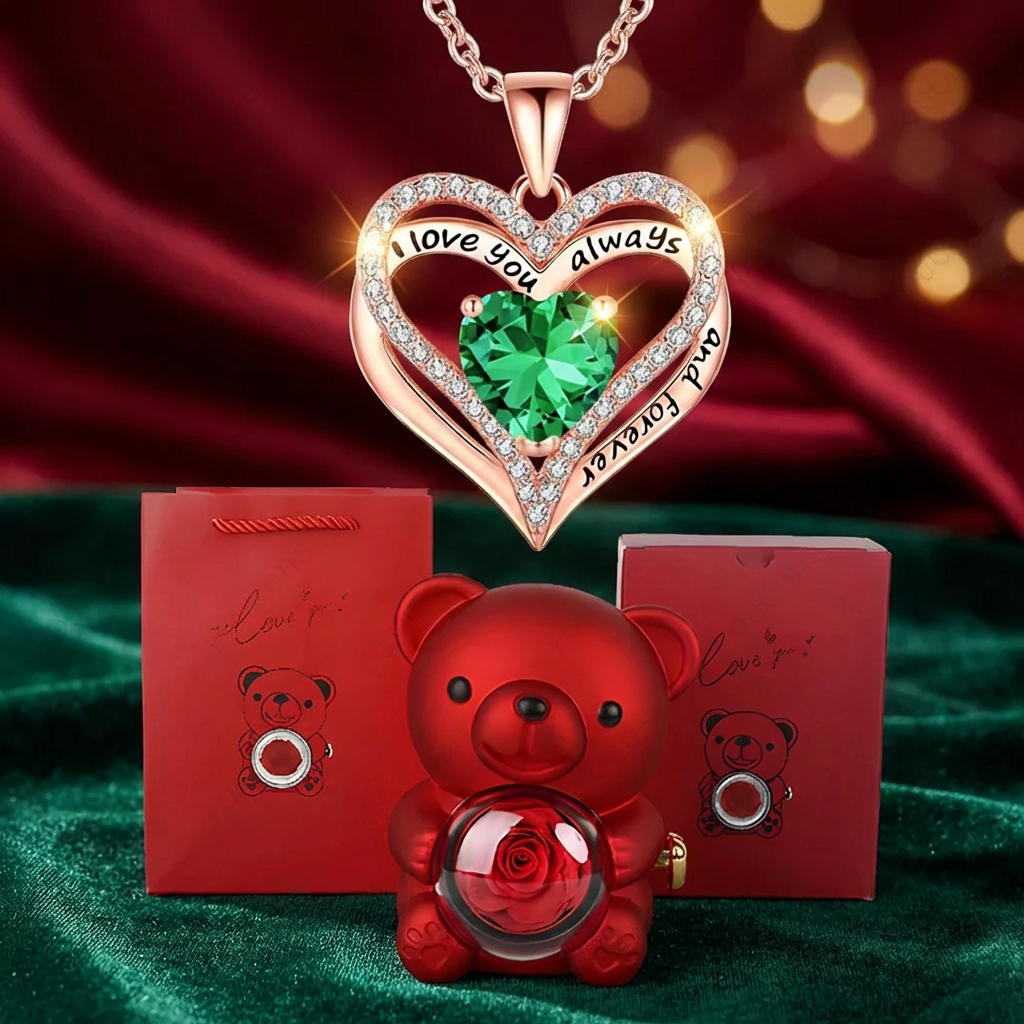 Collar con colgante Sweet Sweet Embrace™ Corazón con caja de rosas de oso