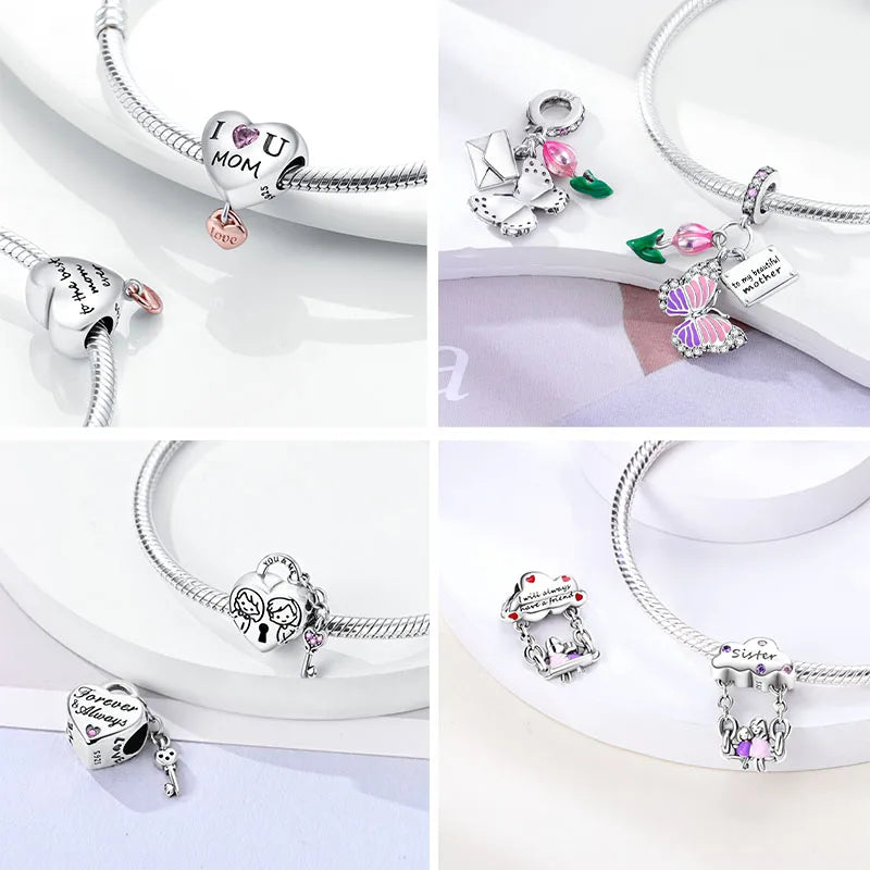 Silver Heart Family Charm Set